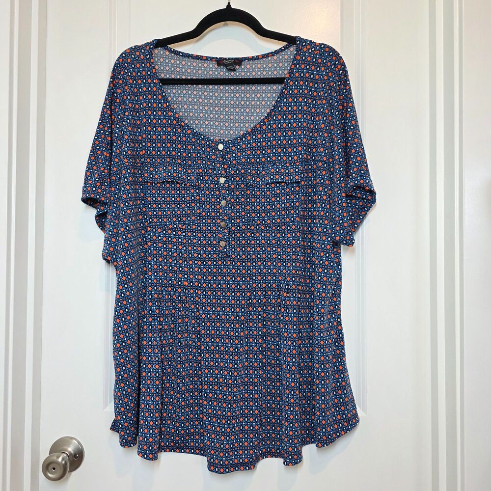 Cocomo Womens 3X Short Sleeve Top Stretchy Flowy Casual Geometric Print